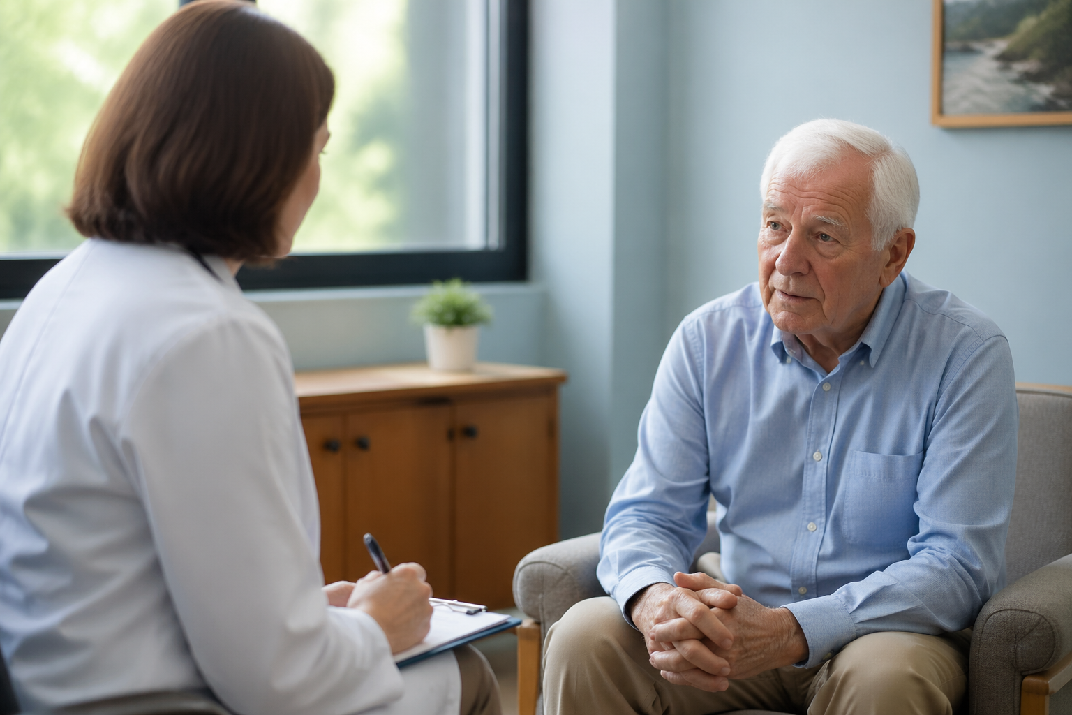 Avaliação psiquiátrica geriátrica com paciente idoso e médico